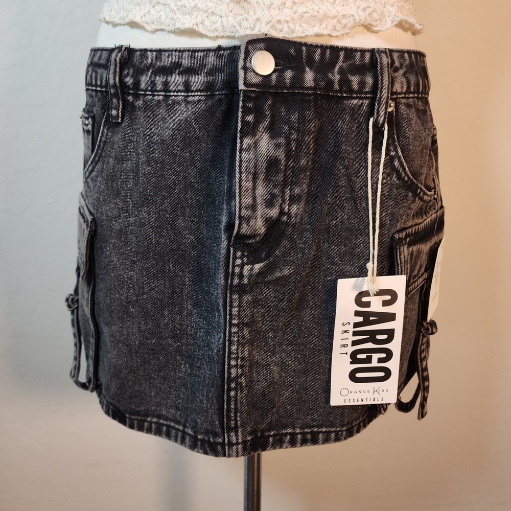 Orange Kiss Essentials Black Wash Denim Cargo Mini Skirt Women's‎